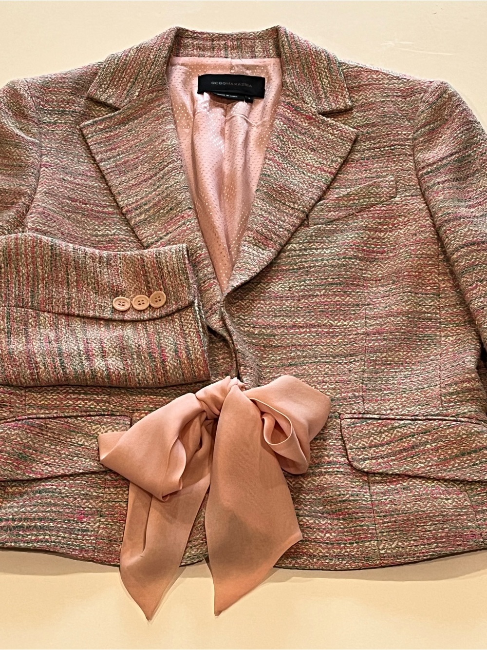 Vintage BCBGMaxAzria Pink Tweed Bow-Waist Cropped Blazer, 100% Silk Lining